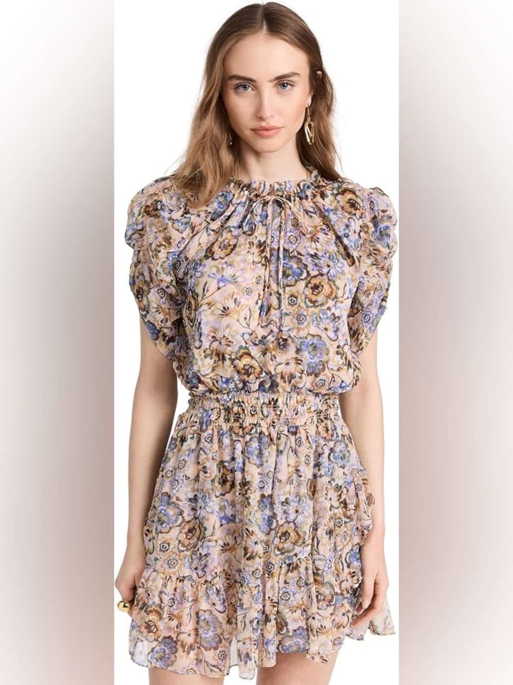 Misa Los Angeles Kayla Mini Dress Size S Floral Smocked Split-Neck Ivory Blue